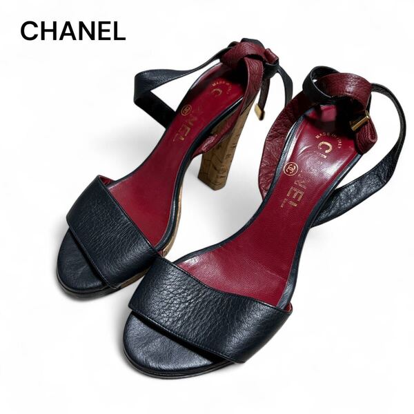 CHANEL シャネル レザー ココマーク ヒールサンダル 38