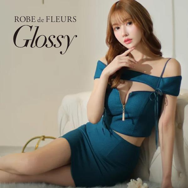 ROBE de FLEURS Glossy ローブドフルールグロッシー パイピングオフショルリボンセットアップキャバドレス ネイビーブルー