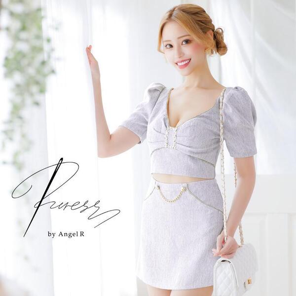 PURESS by AngelR ピュアレス バイ エンジェルアール バストビジューパールチェーンバックルパフショルダーマイクロフレアミニドレス