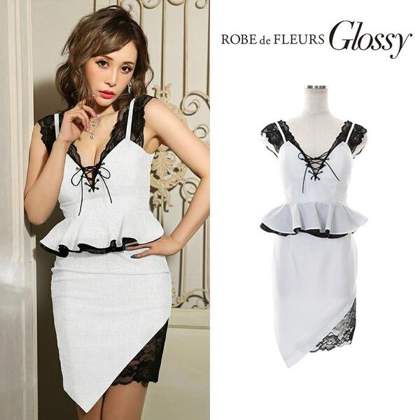 ROBE de FLEURS Glossy ローブドフルールグロッシー バストレースアップ×ぺプラムセットアップタイトミニドレス
