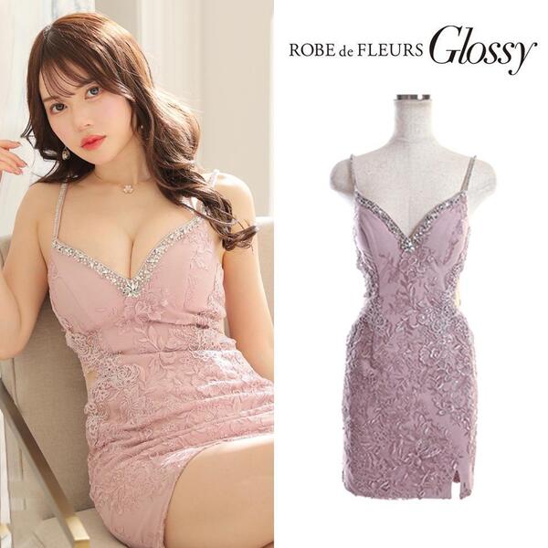 ROBE de FLEURS Glossy ローブドフルールグロッシー 刺繍レースxビジューストラップタイトミニキャバドレス ピンク