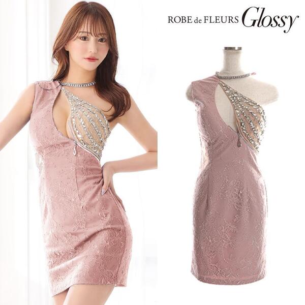 ROBE de FLEURS Glossy ローブドフルールグロッシー アシンメトリービジューxジッパーストレッチタイトキャバドレス ピンク