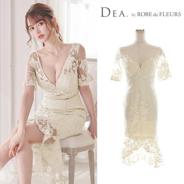 DEA. by ROBE de FLEURS ディア バイ ローブドフルール 刺繍レースxサテンテールカットキャバドレス アイボリー