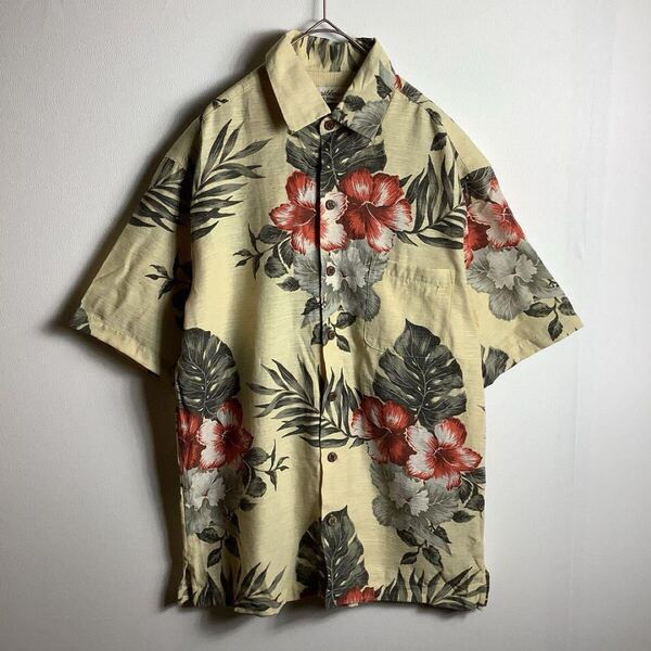 アロハシャツ 半袖シャツ シルク混 レーヨン 総柄 花柄 イエロー 黄色 Lサイズ ハイビスカス