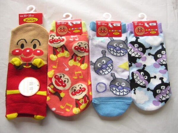 *送料無料*新品*23-25㎝*それいけ!アンパンマン*ソックス4足*ばいきんまん*履育(1足)*福助*