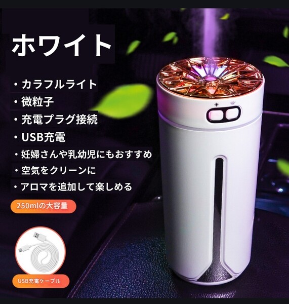 加湿器 LEDイルミネーション 車内アロマディフューザー 充電式 ホワイト