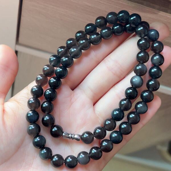 アイスオブシディアン(氷黒曜石)◇ シルバーキャッツアイ効果 ◇ネックレス◇パワーストーン◇天然石◇巾着袋付き◇プレゼントに037P6138