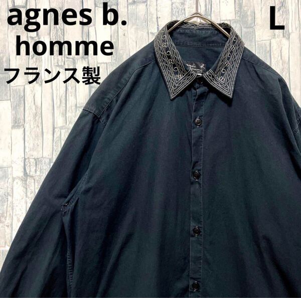 agnes b. homme アニエスベー オム デザインシャツ 柄シャツ 襟刺繍 無地 ソリッド 長袖 サイズL フランス製 90s 90年代 ノームコア