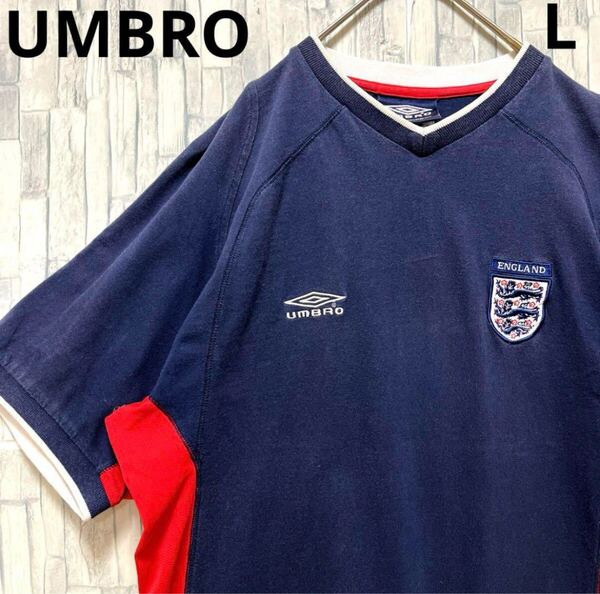 UMBRO アンブロ ゲームシャツ リンガー ネック Tシャツ サイズL サッカー イングランド代表 半袖 刺繍ロゴ ワッペン フェード 送料無料
