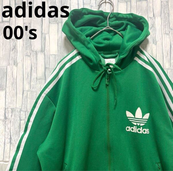 adidas アディダス ジャージ 上 トラックジャケット パーカー 00s 2000年代 L トレフォイル 長袖 3ライン 3ストライプ フード 短丈