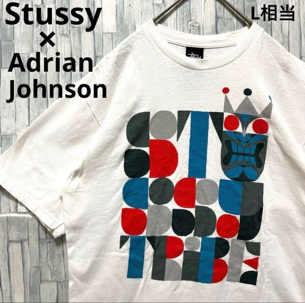 Stussy ステューシー Adrian Johnson エイドリアン ジョンソン コラボ 半袖 Tシャツ デカロゴ ビッグロゴ サイズM ホワイト 限定品 メンズ