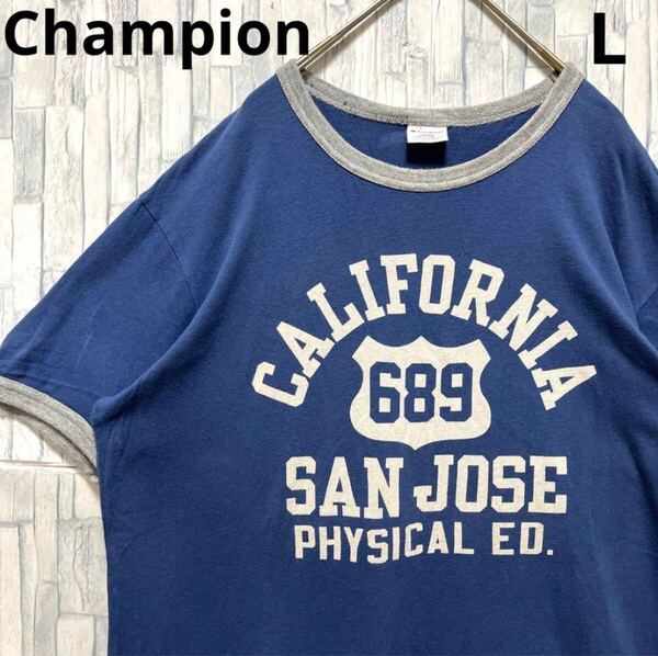 Champion チャンピオン 半袖 リンガー ネック Tシャツ サイズL デカロゴ ビッグロゴ カレッジロゴ カルフォルニア 4段 メンズ 送料無料