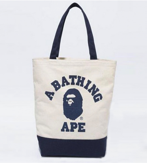 BAPE◆A BATHING APE/ネイビー×アイボリー/カレッジ ロゴ トートバッグ◆ア ベイシング エイプ◆キャンバス/エコバッグ/付録ノベルティ