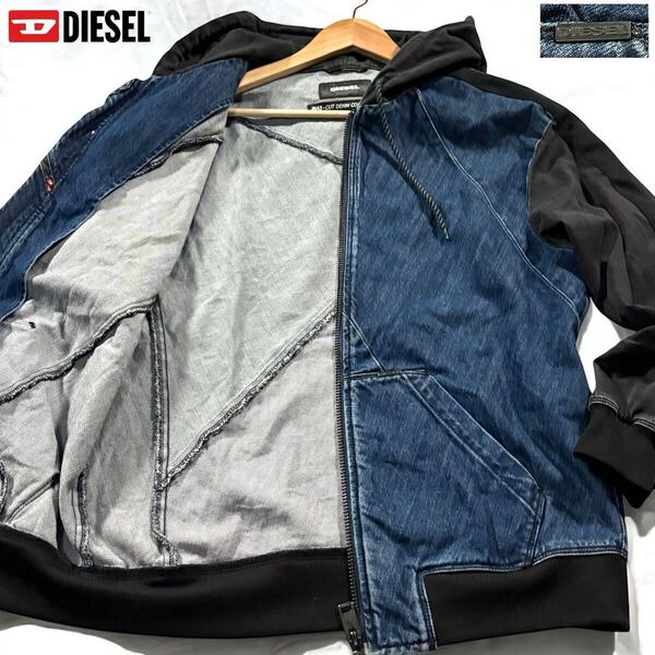 30周年限定/M-Lサイズ相当●DIESEL ディーゼル デニム パーカー フード ジャケット G ジージャン インディゴパッチワーク風 切替 ロゴ金具