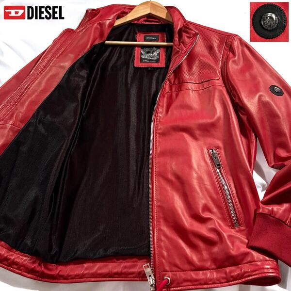 未使用級/Lサイズ●DIESEL ディーゼル ラムレザー ライダース ジャケット 羊革 パンチング 裏地メッシュ 通気性◎ ブレイブマン金具 レッド