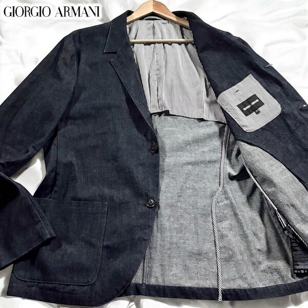未使用級/4Lサイズ●極上 ジョルジオ アルマーニ デニム テーラードジャケット GIORGIO ARMANI 黒タグ インディゴ 段返り 洗濯可◎ 3XL 58