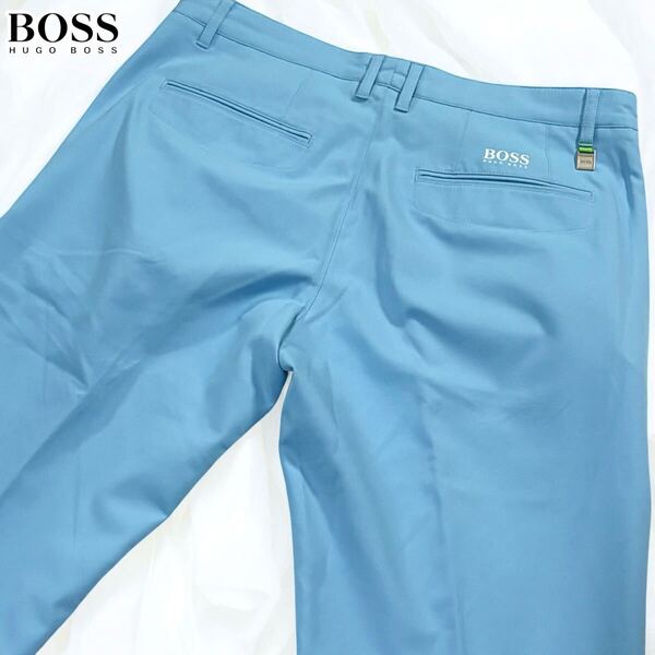 極美品/Lサイズ●ヒューゴボス ナイロン パンツ ストレッチ スラックス HUGO BOSS 薄手 ゴルフウエアにも◎ 洗濯可◎ 背面ロゴ金 ブルー 48