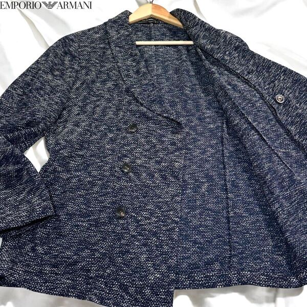 未使用級/XLサイズ●エンポリオ アルマーニ ダブル テーラードジャケット サマーニット EMPORIO ARMANI ショールカラー メランジ 霜降り 52