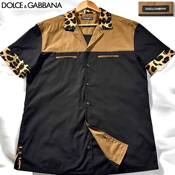 未使用級/XLサイズ●最高級 ドルチェ&ガッバーナ 半袖シャツ 羽織り DOLCE&GABBANA ドルカバ ヒョウ柄 アニマル レオパード 背面ロゴタグ