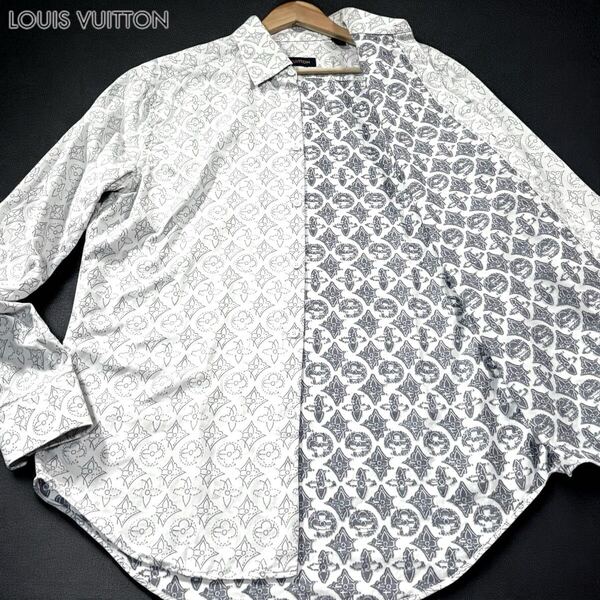 極美品/XLサイズ●最高級 21AW ルイヴィトン LOUIS VUITTON 長袖シャツ モノグラム コットン 花柄 フラワーパターン 総柄 ロゴボタン 白