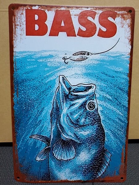 1点のみ│バス釣り│ジョーズパロディ│BASS(バス)│レトロブリキ看板│メタルサイン│アメリカン海外雑貨│ガレージ、店舗│インポート品