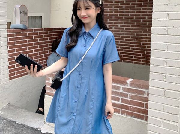 とろみシャツ ミニワンピース 夏服 韓国 オルチャン レディース ブルー ワンピース