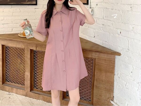 とろみシャツ ミニワンピース 夏服 韓国 オルチャン レディース ピンク半袖ワンピース