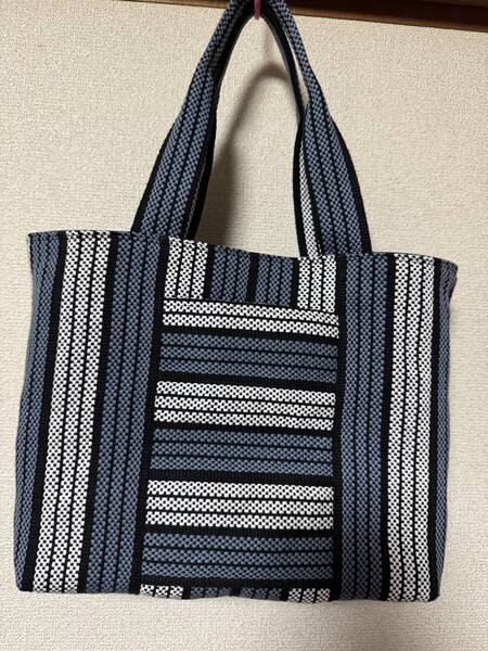 ハンドメイド 前掛け紐×デニム トートバッグ 真田紐 / 酒屋前掛け紐 和柄 和風 ランチバッグ トートバッグ エコバッグ 6ポケット