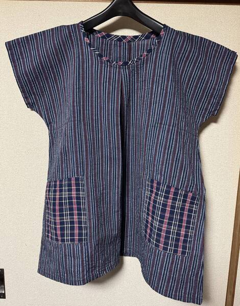 ハンドメイド しじら チュニック 綿100% 藍染 ポケット2個 ゆったりサイズ / 部屋着 ルームウェア / しじら織り 反物より kimono 浴衣地