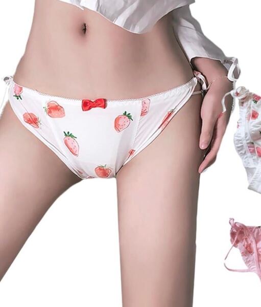 女装パンツ おとこの娘専用 いちご柄ホワイト フルバック サイド紐 メンズ下着 女装用品 可愛い下着 フリル