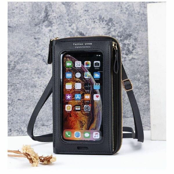 お財布 ショルダーポーチ スマホポーチ 長財布 縦型 PUレザー ブラック