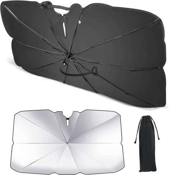 車 サンシェード フロント 傘型 バックミラー開き口 車 日除け UVカット 収納ポーチ付き (M 、130×72cm)