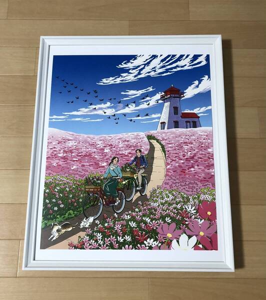 kj ★額装品★ わたせせいぞう A2サイズ額入り ポスター風デザイン 自転車 ハートカクテル 貴重イラスト アートフレーム インテリア