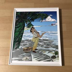 kj ★額装品★ わたせせいぞう 抱き上げ A2額入 ポスター風 ハートカクテル 貴重イラスト ボート 南国 小島 サーフアート 海 水着 ヤシの木
