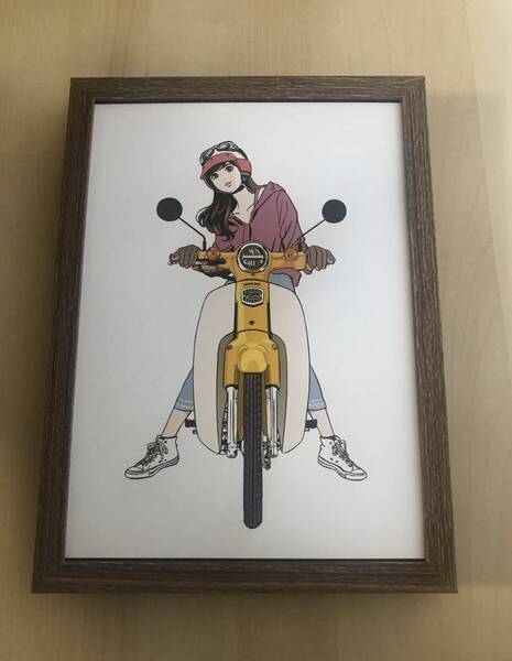 kj ★額装品 ★ 江口寿史 ホンダ スーパーカブ 黄色 美少女 B5額入り ポスター風デザイン 貴重イラスト 美女 バイク オートバイ 美人画