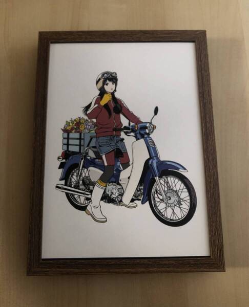 kj ★額装品 ★江口寿史 ホンダ スーパーカブ 青色 美少女 B5額入り ポスター風デザイン 貴重イラスト 美女 美人画 バイク オートバイ 花屋