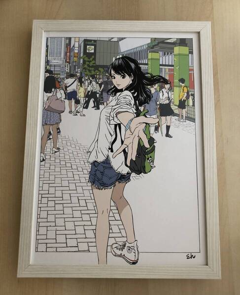 kj ★額装品★ 江口寿史 吉祥寺街カードフェスタ 貴重イラスト A4額入り ポスター風デザイン 美人画 美女 美少女 漫画 ひばりくん 東京
