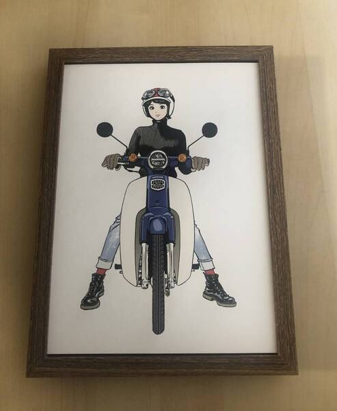 kj ★額装品 ★ 江口寿史 ホンダ スーパーカブ 紺色 美少女 B5額入り ポスター風デザイン 貴重イラスト バイク オートバイ 美人画 美女 黒