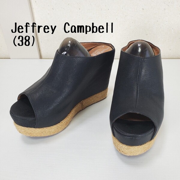 美品◆JeffreyCampbell ジェフリーキャンベル 本革レザー 厚底 ウェッジソール サンダル ジュート(38/24.0cm)黒 ブラック