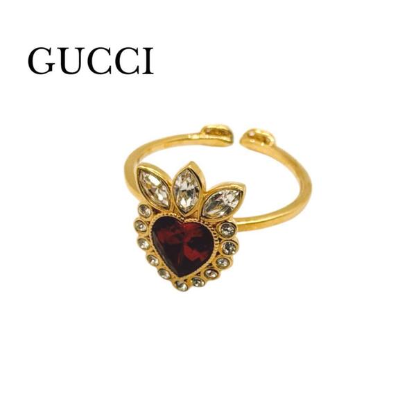 GUCCI グッチ リング 指輪 CRYSTAL HEART RINGS クリスタル ハート ラインストーン 642102 インターロッキングG ゴールド