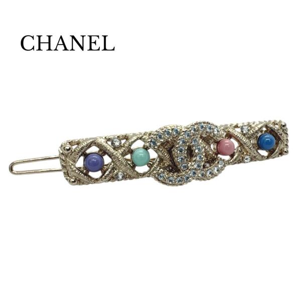 CHANEL シャネル ヘアクリップ バレッタ 髪留め ヘアアクセサリー ココマーク ラインストーン カラーストーン C21 P シルバー