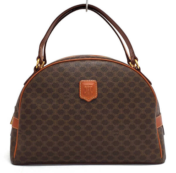 D2575◆極美品【CELINE セリーヌ】マカダム柄 ハンドバッグ ヴィンテージ◆PVC×レザー ブラウン