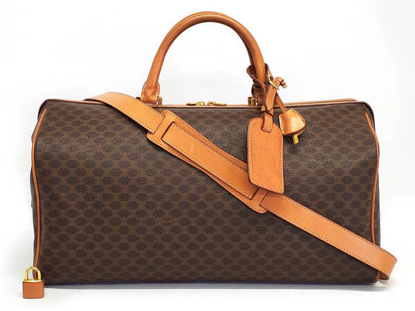 D2598◆極美品【CELINE セリーヌ】マカダム柄 2wayボストンバッグ ヴィンテージ◆ショルダーあり PVC×レザー ブラウン