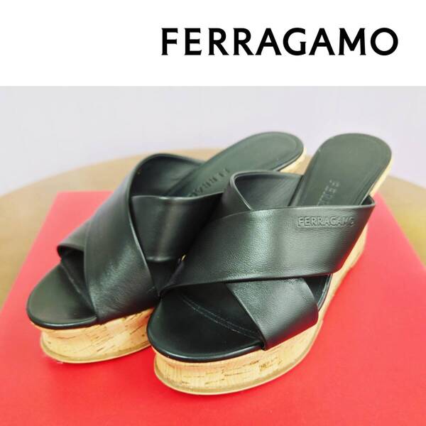 超美品 Ferragamo ウェッジソール サンダル ミュール 5D 22.5cm 黒 レザー 本革 フェラガモ