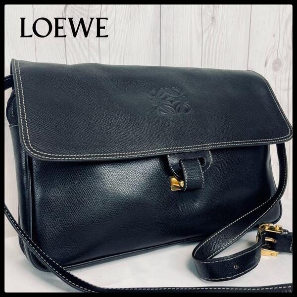 ◆ 美品 ◆ ロエベ LOEWE ショルダーバッグ レザー アナグラム ブラック 黒 バッグ カバン 斜め掛け セカンドバッグ クラッチバッグ
