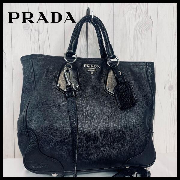 ◆ 美品 ◆ PRADA プラダ トートバッグ レザー ハンドバッグ ブラック 黒 オールレザー 斜め掛け ショルダーバッグ バッグ カバン 鞄