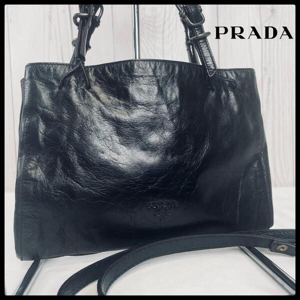 【 美品 】 PRADA プラダ ハンドバッグ レザー ショルダーバッグ 黒 ブラック ポシェット バッグ カバン 斜め掛け