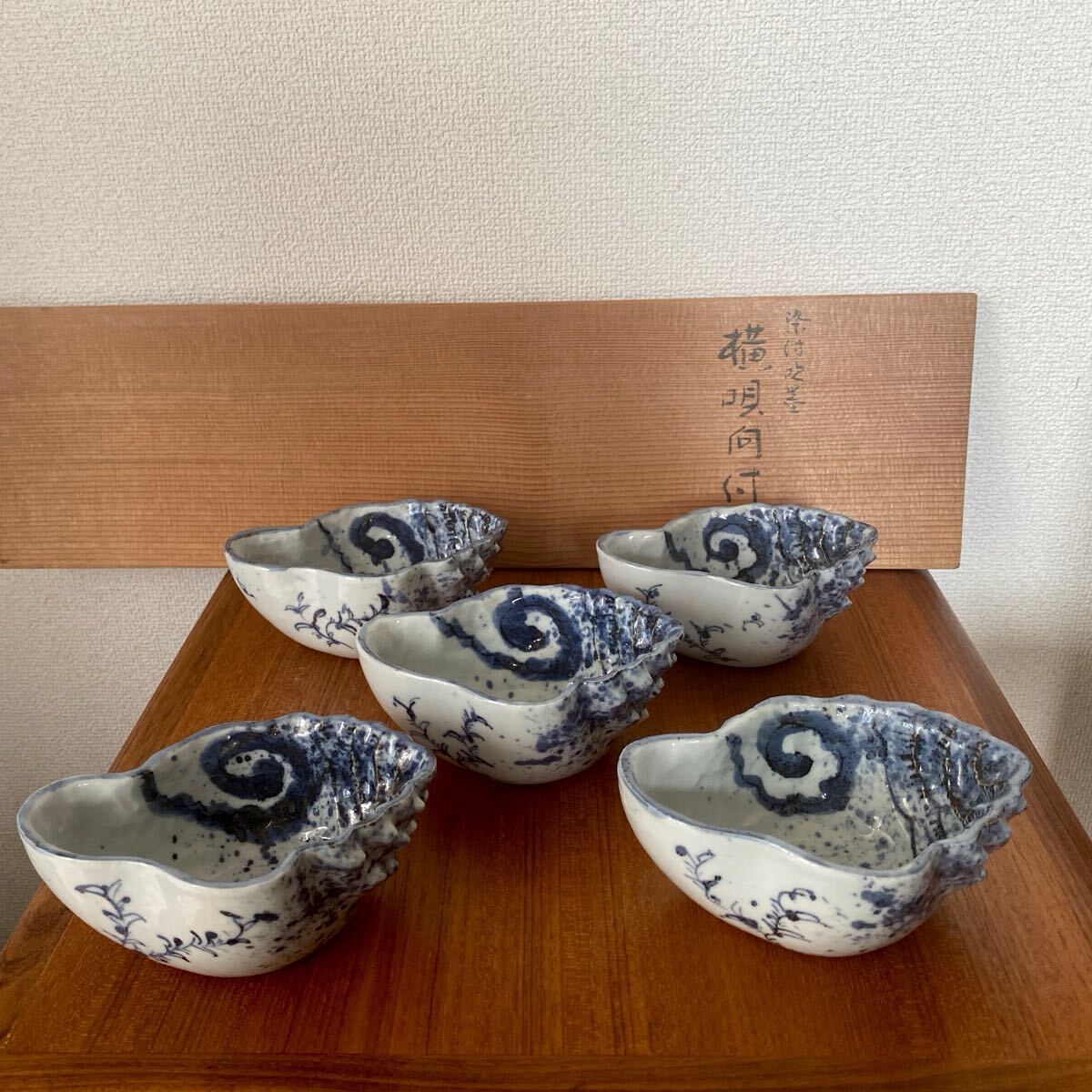 染付鎬文四方筒向付5客 三代 須田菁華（作) 共箱 | 古美術ささき