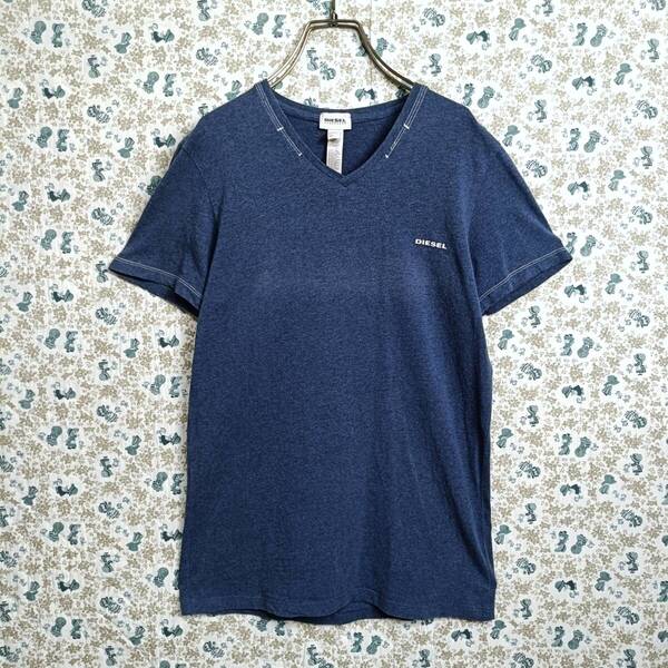 DIESEL UNDERWEAR☆ディーゼル アンダーウェア Tシャツ 半袖 コットン綿 Vネック ワンポイント ロゴプリント 青系 くすみカラー シンプル S