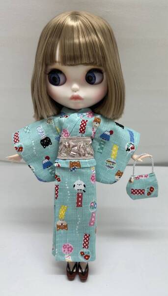 ハンドメイド リカちゃん・ブライスちゃん用 浴衣 水色エメラルドグリーン系